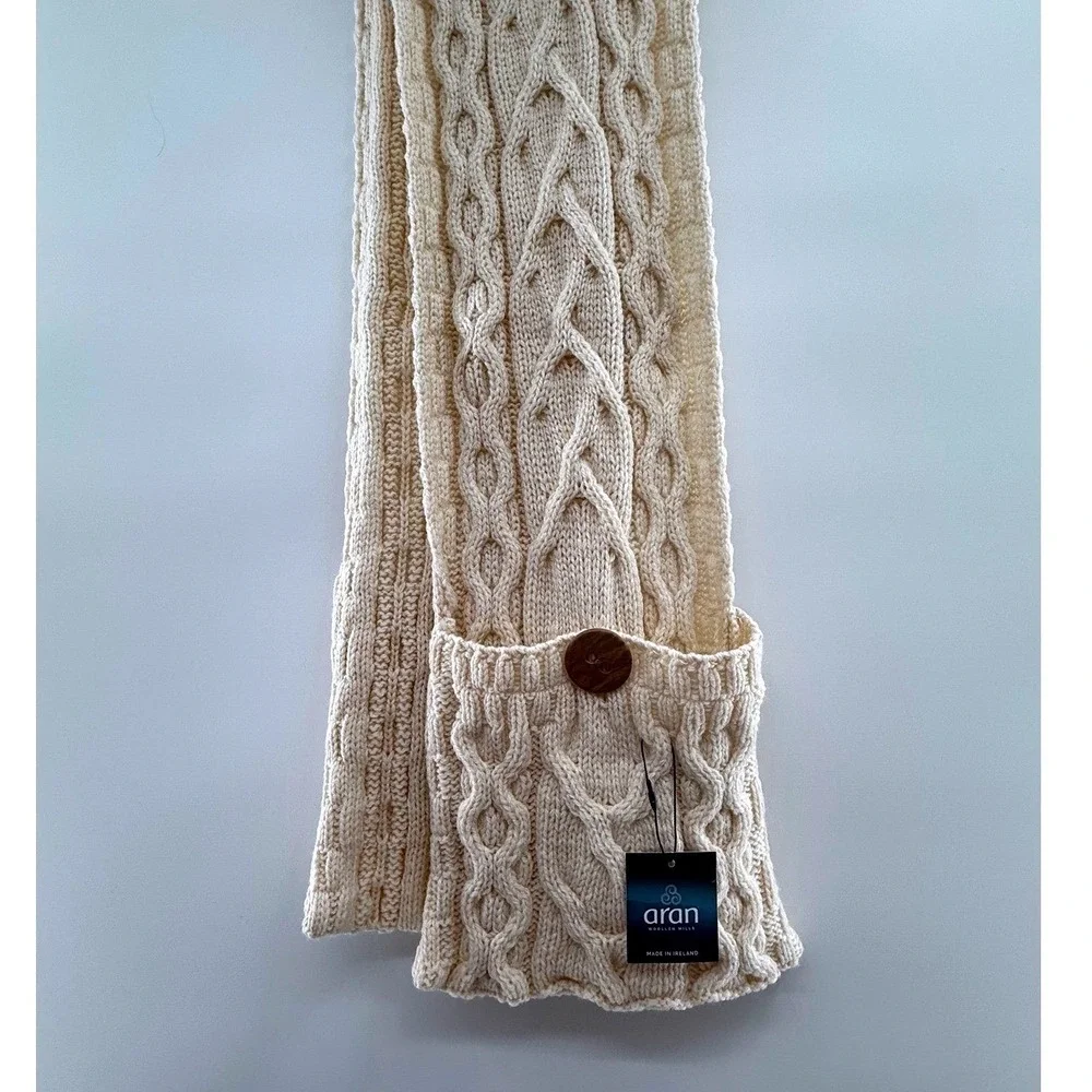 Aran Woollen Mills Cable Knit Merino Wool Scarf Cream New Made‎ in Ireland